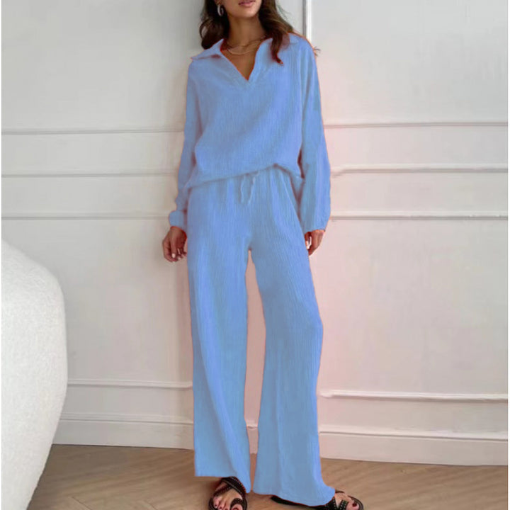 Damen Leichtes Crinkle-Lounge-Set mit V-Ausschnitt und weiter High-Waist-Hose Echo Archiv