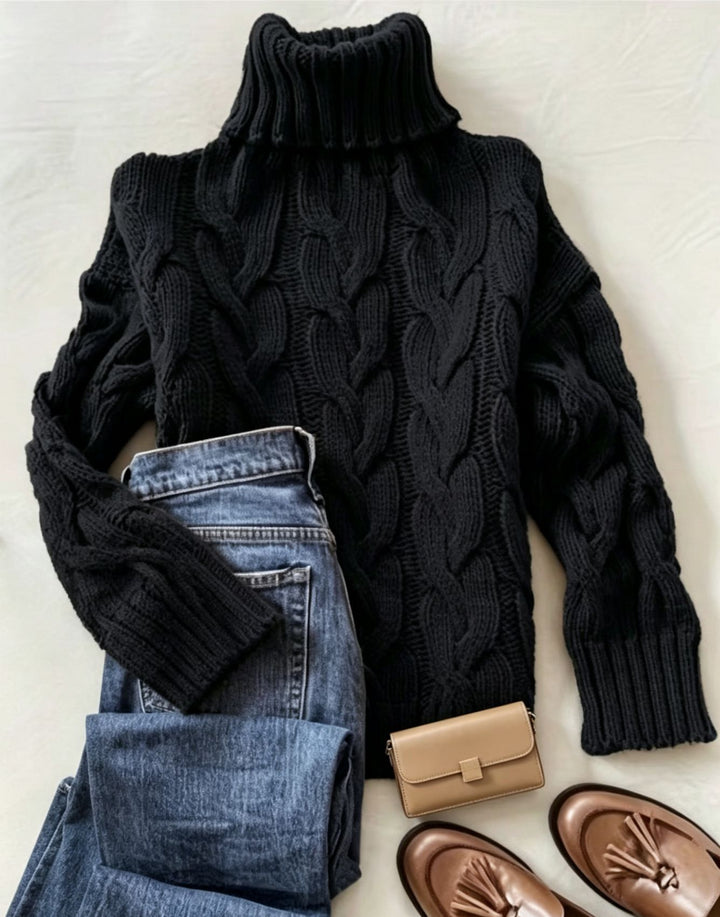 Damen Grobstrick-Rollkragenpullover mit markanten Zopfmustern und gerippten Bündchen – Mavelle