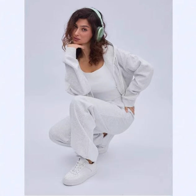 Damen zweiteiliges Cozy-Loungewear-Set mit Reißverschlusskapuze, taillenhoher Weitbein-Jogger und verdeckten Eingrifftaschen – Auréline