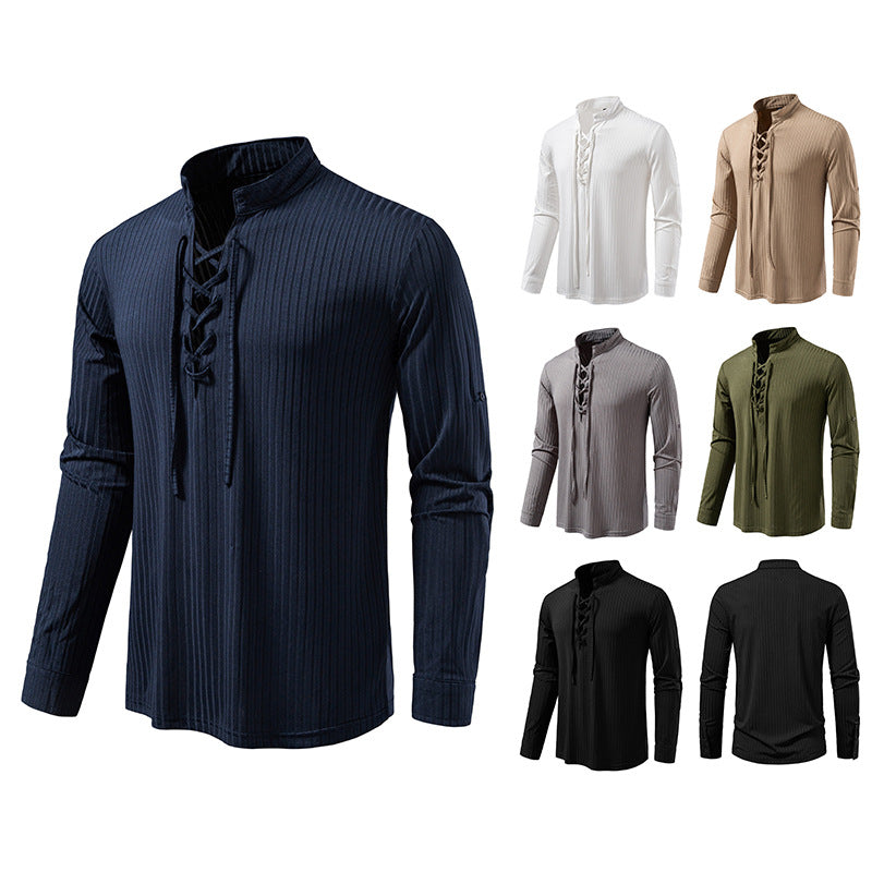 Herren Geripptes Langarm-Henleyshirt mit Schnürung und Stehkragen Echo Archiv