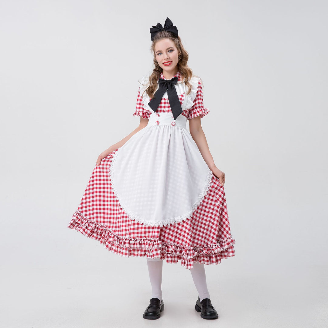 Damen nan Vintage-inspiriertes Karo-Swingkleid mit abnehmbarer Schürze, Rüschenärmeln und Schleifenkragen Echo Archiv