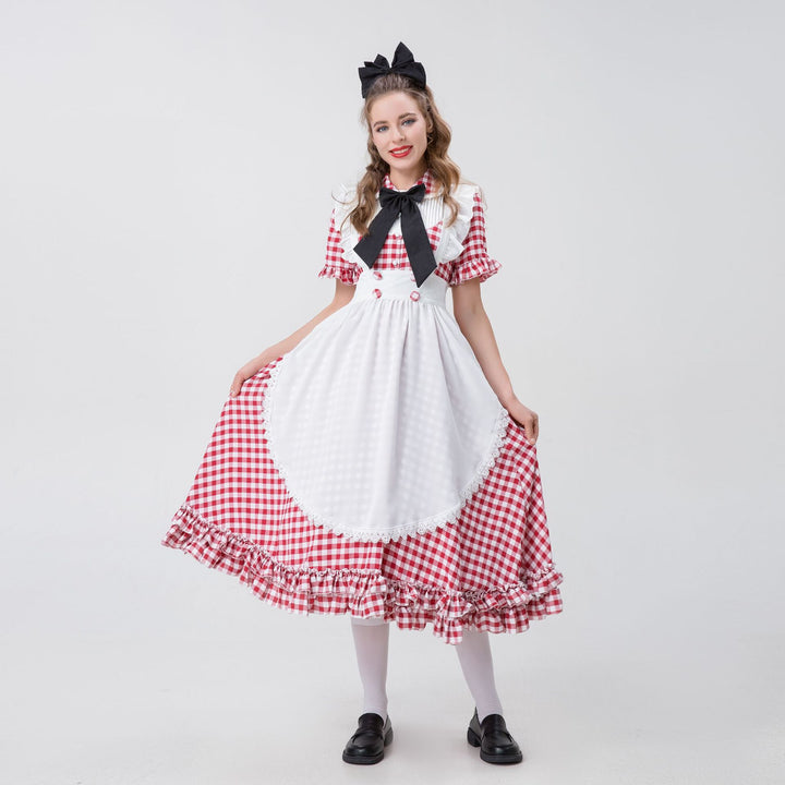 Damen nan Vintage-inspiriertes Karo-Swingkleid mit abnehmbarer Schürze, Rüschenärmeln und Schleifenkragen Echo Archiv