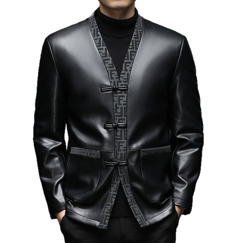 Herren Lederimitat-Cardiganjacke mit KnEcho Archivelverschlüssen und kontrastierendem Schalkragen Echo Archiv
