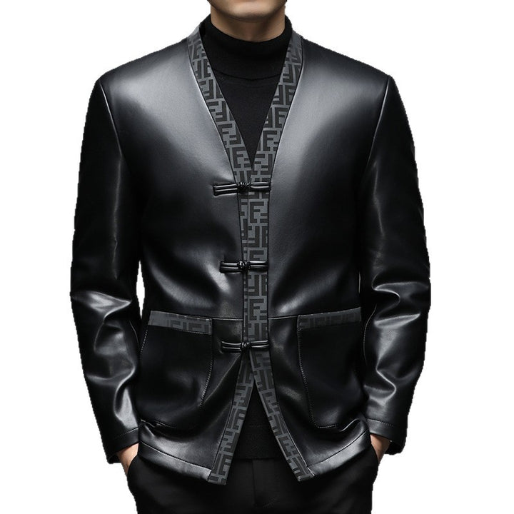 Herren Lederimitat-Cardiganjacke mit KnEcho Archivelverschlüssen und kontrastierendem Schalkragen Echo Archiv