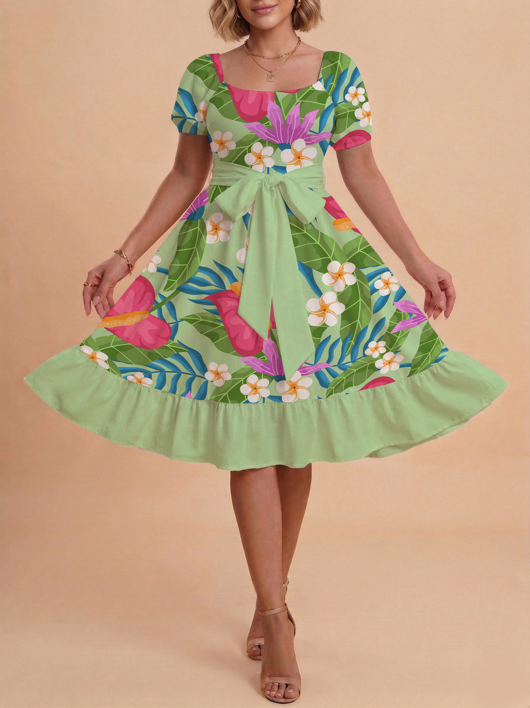Damen Sommerkleid mit floralem Puffärmel und taillierbarem Gürtel Echo Archiv