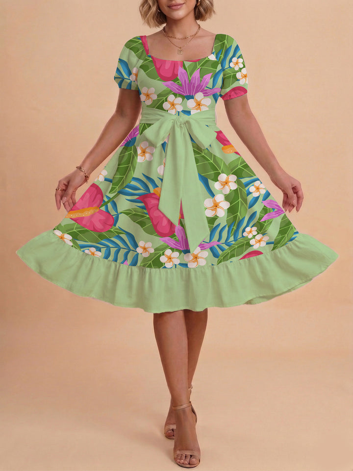 Damen Sommerkleid mit floralem Puffärmel und taillierbarem Gürtel Echo Archiv