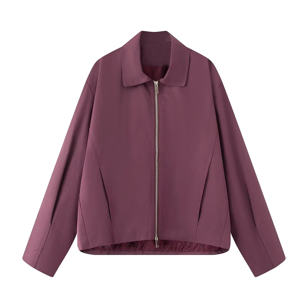 Damen leichte lässige Boxy-Blousonjacke mit verdecktem Zwei-Wege-Reißverschluss, hohem Kragen und seitlichen Eingrifftaschen – Célinea