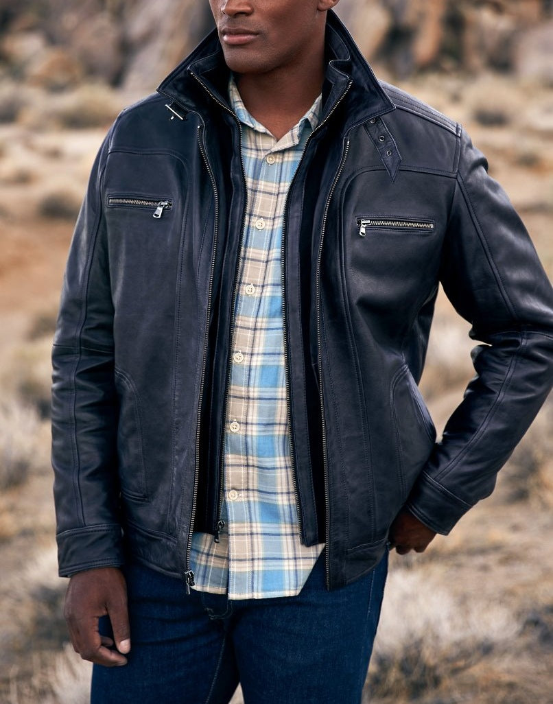 Herren lässige Lederjacke mit modernem Stehkragen und vielseitigen Taschen Echoarchiv