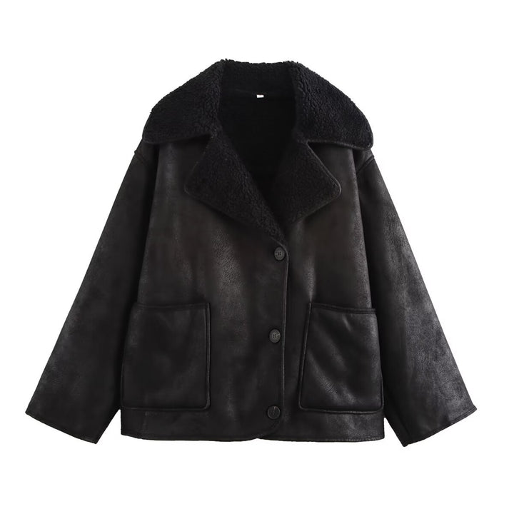Damen Kurz geschnittener Oversized Lammfellimitat-Mantel mit Teddy-Kragen Echo Archiv