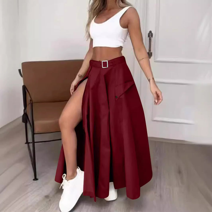 Damen Maxirock mit hohem Beinschlitz, Cargo-Taschen und Taillengürtel – Rosévia
