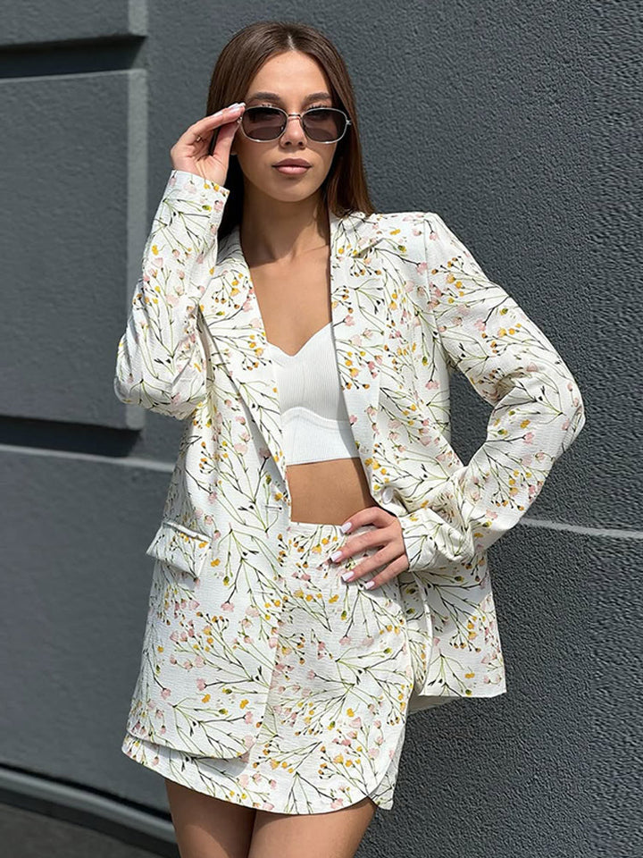 Damen Florales Blazer- und Minirock-Set aus strukturierter Baumwollmischung Echoarchiv