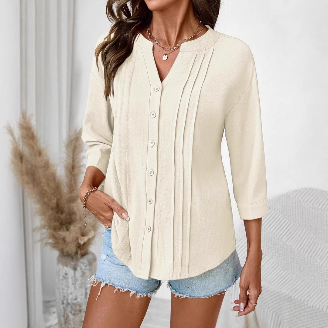 Damen Lockeres Tunikashirt mit Kellerfalten und dreiviertel Ärmeln Echo Archiv