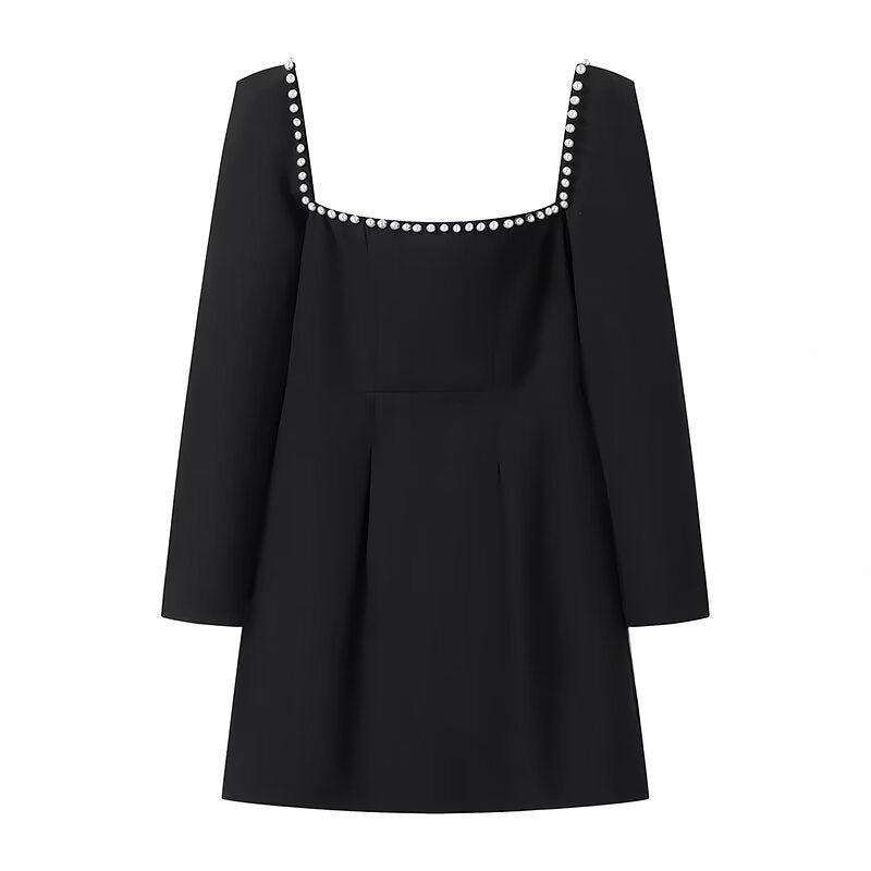 Damen Figurbetontes A‑Linien‑Minikleid mit quadratischem Ausschnitt, langen Ärmeln und Perlenbesatz Echo Archiv
