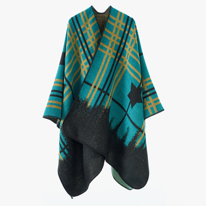 Damen Oversize-Capeponcho aus Wollmix mit Stern- und Karojacquard und weichfallendem Fall Echo Archiv