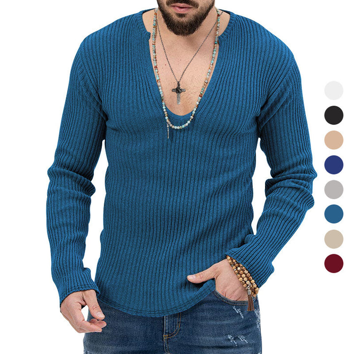 Herren Langarm-Rippenpullover mit tiefem V-Ausschnitt und modernem Schnitt Echoarchiv