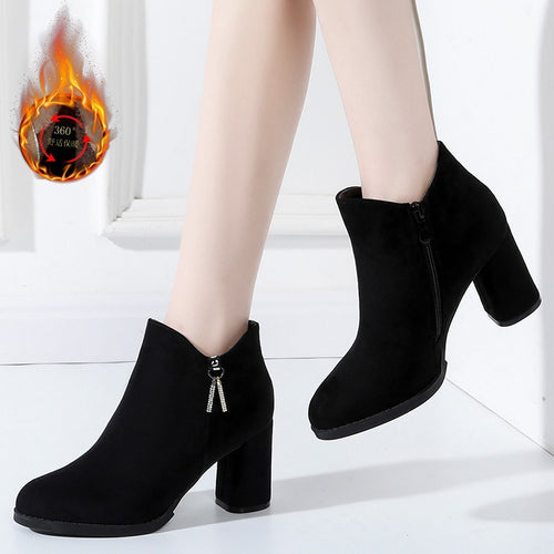 Damen Wärmende Samtvelours-Stiefeletten mit hohem Blockabsatz und seitlichem Reißverschluss – Varelle