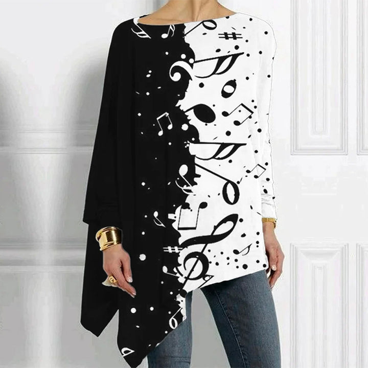 Damen Asymmetrisches Musikprint-Longsleeve mit Klavier- und Notenmotiv – Avérine