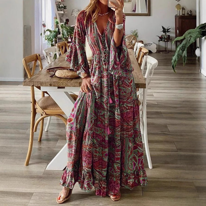 Damen Boho Maxikleid mit Paisley-Print, V-Ausschnitt, Stufenrock und Bindegürtel Echoarchiv