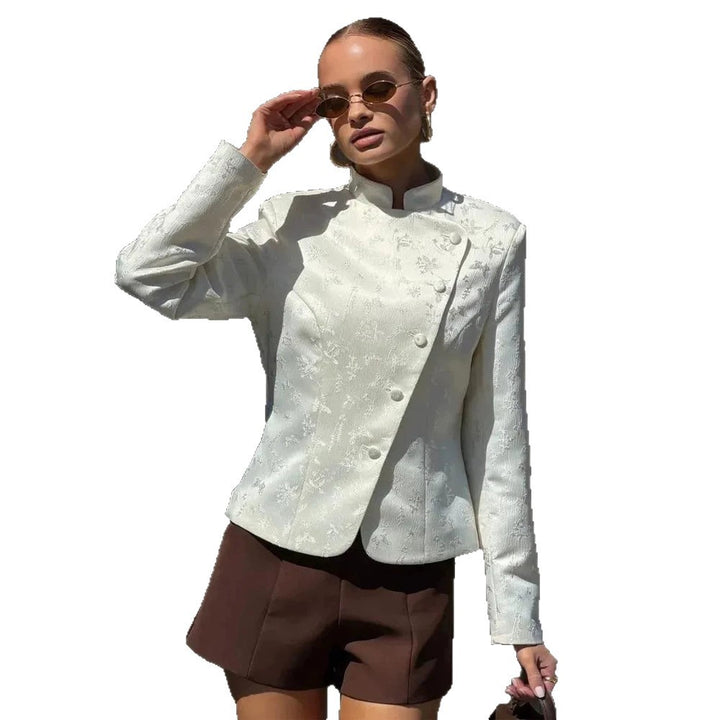Damen Taillierter Jacquard-Blazer mit überlappendem Revers und dekorativen Knöpfen Echoarchiv