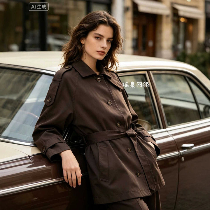 Damen Kurzer Cape‑Trench mit Bindegürtel und Epauletten Echoarchiv