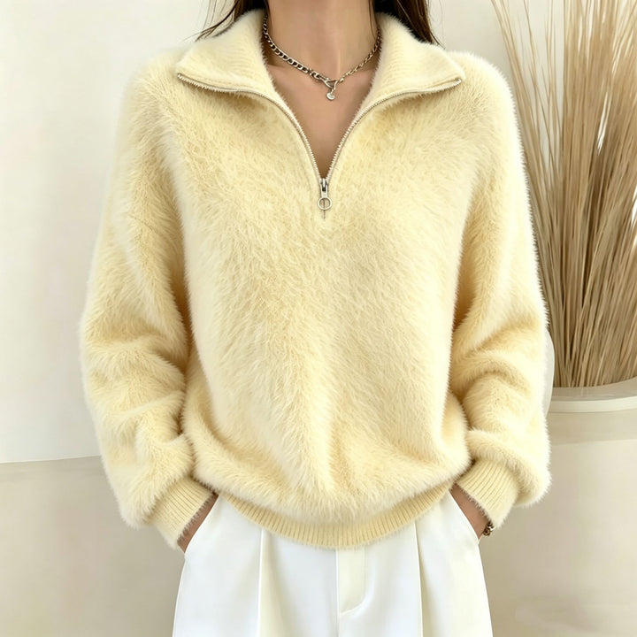 Damen Flauschiger Halbzipp-Pullover mit Stehkragen – Mavelle