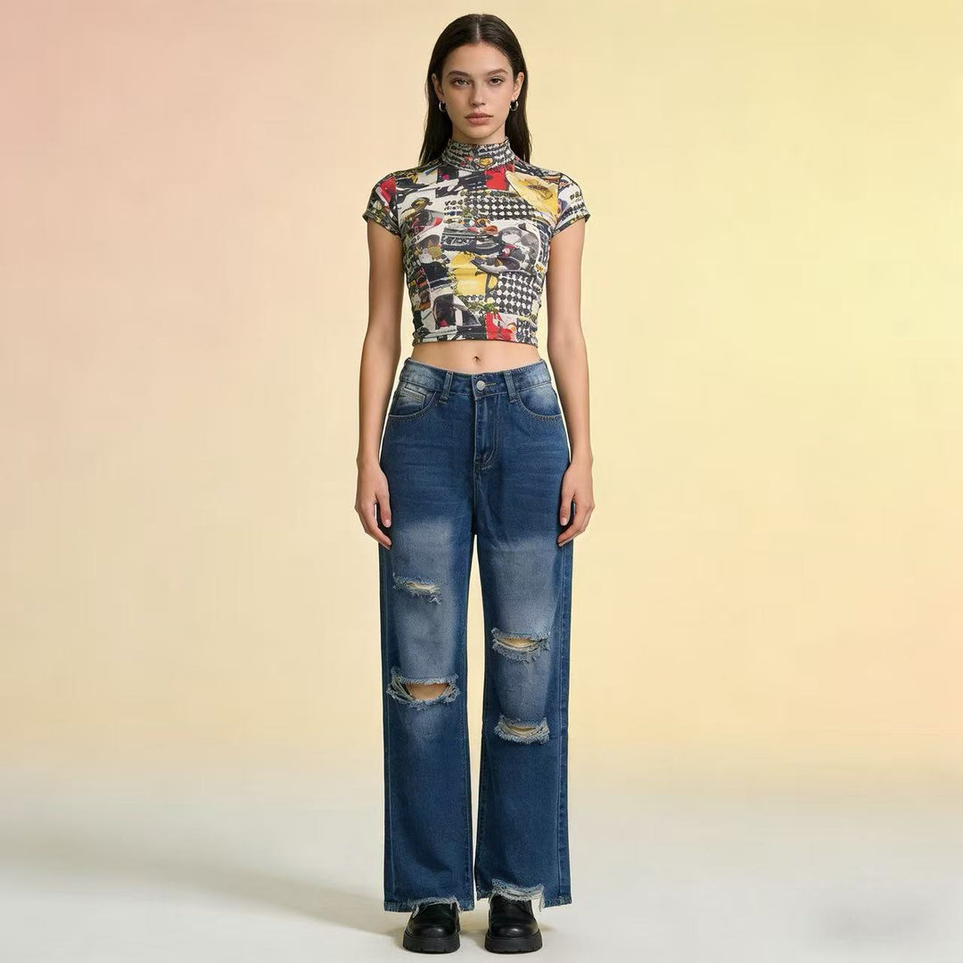 Damen nan hochgeschnittene Relaxed-Jeans mit weitem Bein, Knie-Rips und rohem Saum Echo Archiv