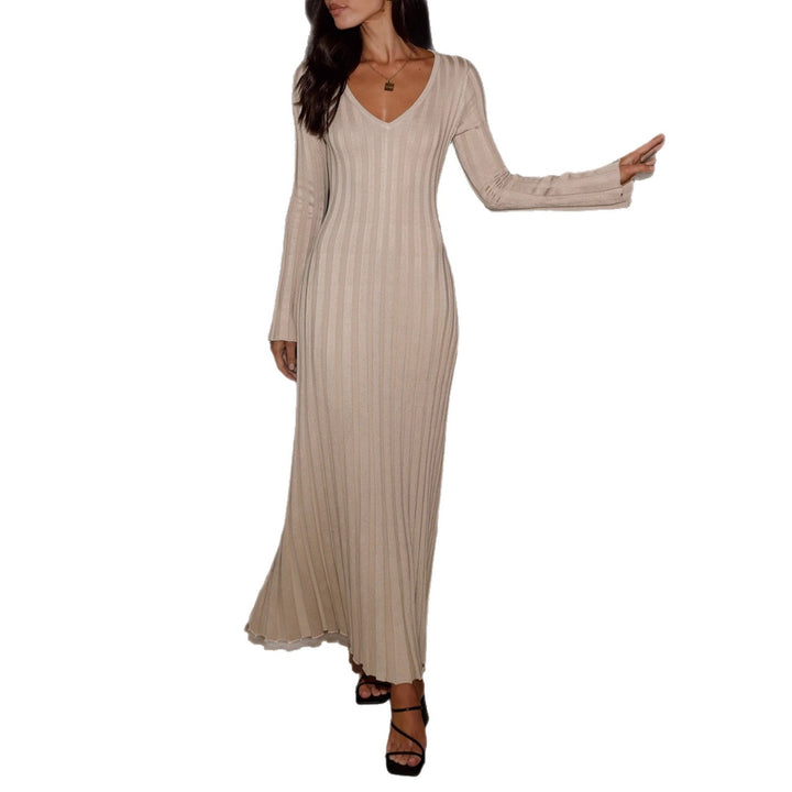 Damen Geripptes Maxikleid mit V-Ausschnitt, figurbetonter Silhouette und langen Ärmeln – Valéora
