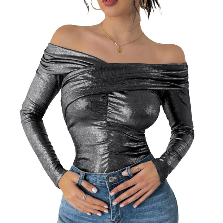 Damen Schulterfreies, glänzendes Metallic-Bodyshirt mit Mittelraffung & enganliegender Passform Echoarchiv