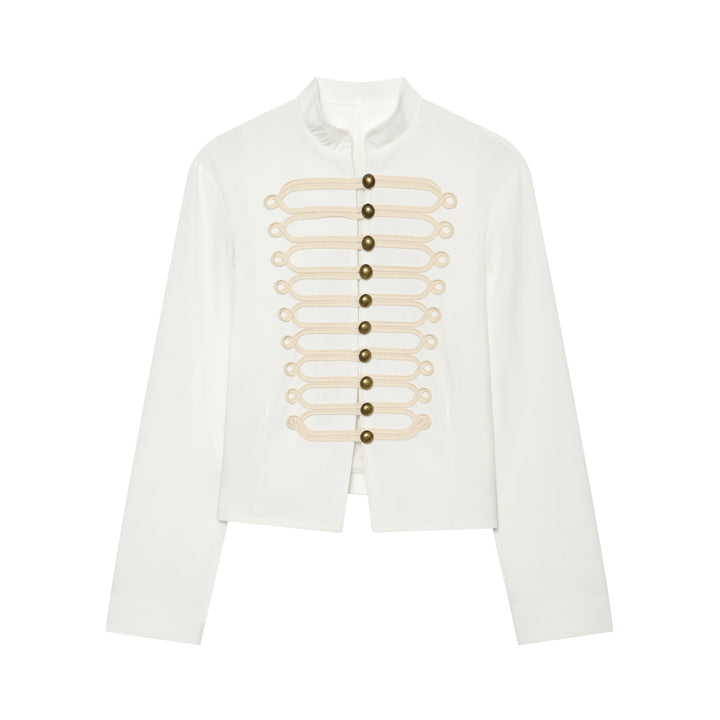 Damen kurze Militärinspirierte Jacke mit Stehkragen, dekorativen Kordelverschlüssen und goldfarbenen Zierknöpfen – Célinea