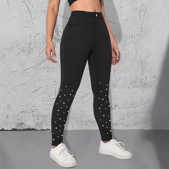 Damen High-Waist Stretch-Jeggings im Denim‑Look mit Perlen-Scatter Echo Archiv