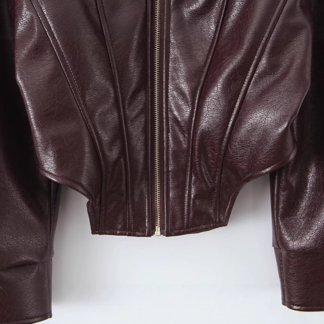 Damen Cropped-Lederjacke mit taillierter Korsett-Optik, Schulterriegeln und Reißverschluss Echo Archiv
