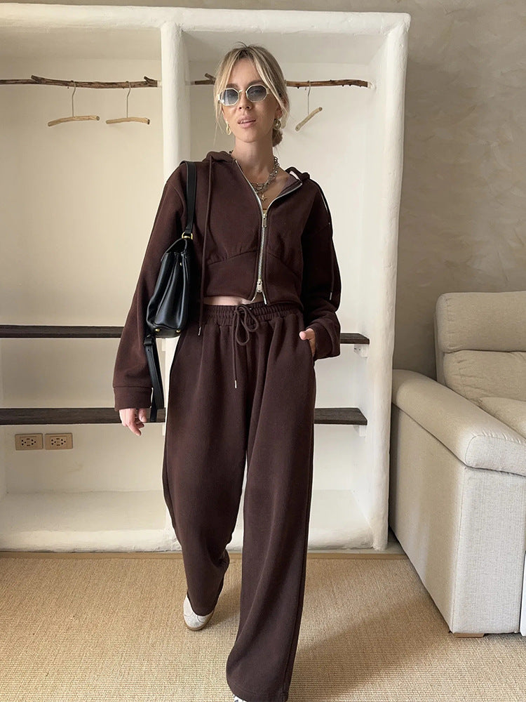 Damen Kurzgeschnittenes Zip-Hoodie mit Kordelzug‑Taille und weiter Palazzo‑Jogginghose – Auréline