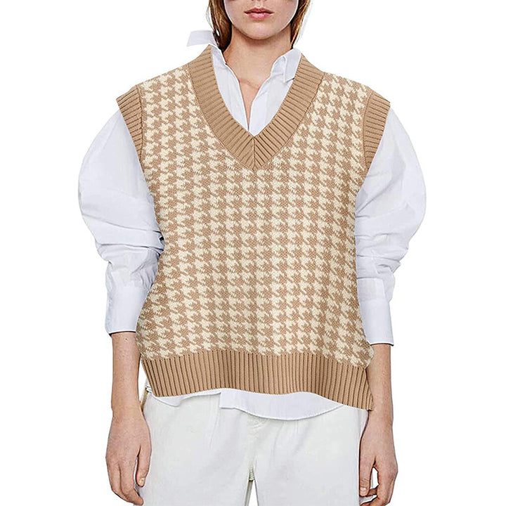 Damen Strickweste mit Hahnentritt-Muster, V-Ausschnitt und geripptem Saum Echo Archiv
