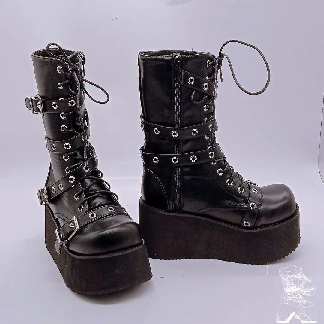 Damen plateau Combatstiefel mit Schnallen Ösen Schnürung und seitlichem Reißverschluss Echo Archiv