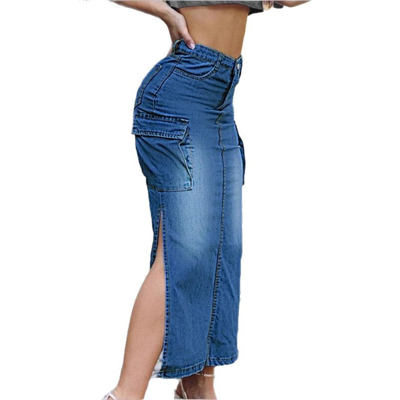 Damen Hochtaillierter Denim-Midirock mit Cargo‑Taschen, seitlichen Beinschlitzen und taillenbetonendem Schnitt Echo Archiv