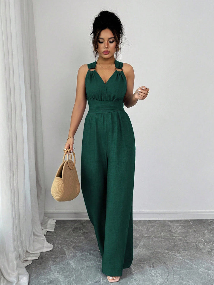 Damen Jumpsuit mit weitem Bein, tailliertem Wickelband und Ösen-Trägern Echo Archiv