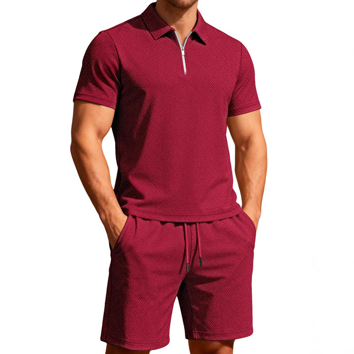 Herren nan komfortables Lounge-Zweiteiler aus strukturierter Baumwollmischung mit Halbzip-Poloshirt und Kordel-Shorts Echo Archiv