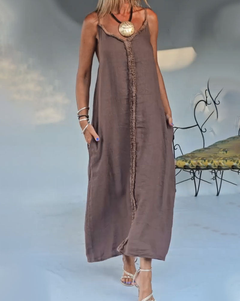 Damen nan luftiges Leinenoptik-Maxi-Trägerkleid mit fransiger Mittelnaht und Eingrifftaschen Echo Archiv