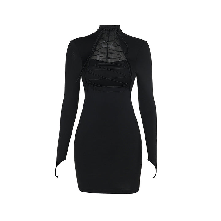 Damen figurbetontes Langarmkleid mit asymmetrischem Rückenausschnitt und trendigen Schnürdetails Echo Archiv