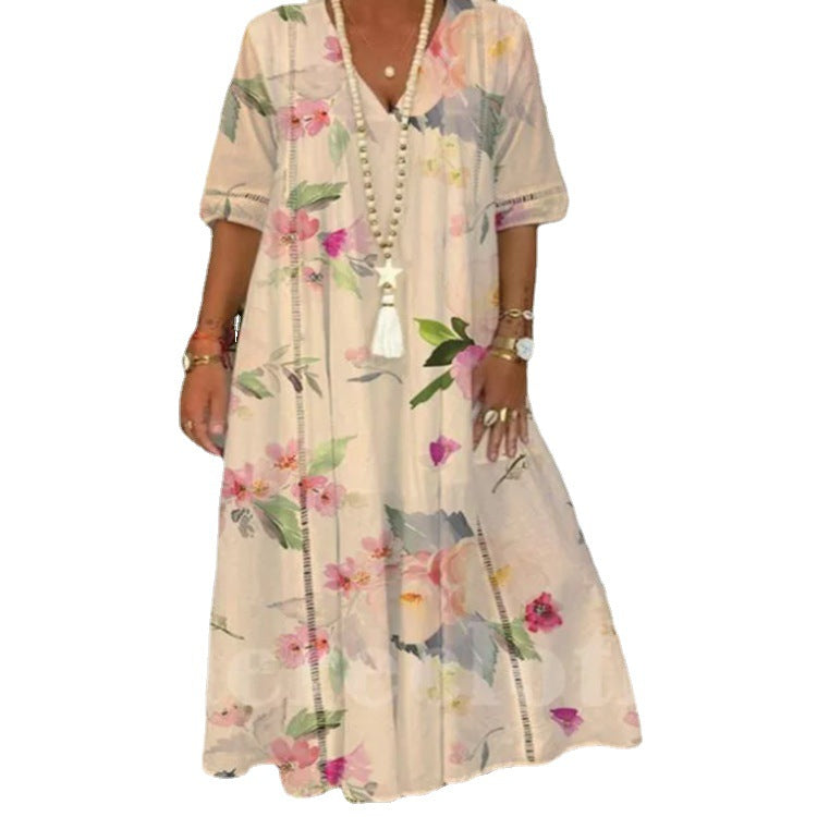 Damen nan locker fließendes Kaftan-Midimaxikleid mit V-Ausschnitt, ajourbesetzten Bahnen und leichter Leinenmisch-Qualität Echo Archiv