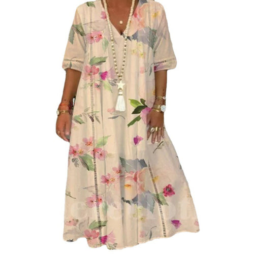 Damen nan locker fließendes Kaftan-Midimaxikleid mit V-Ausschnitt, ajourbesetzten Bahnen und leichter Leinenmisch-Qualität Echo Archiv