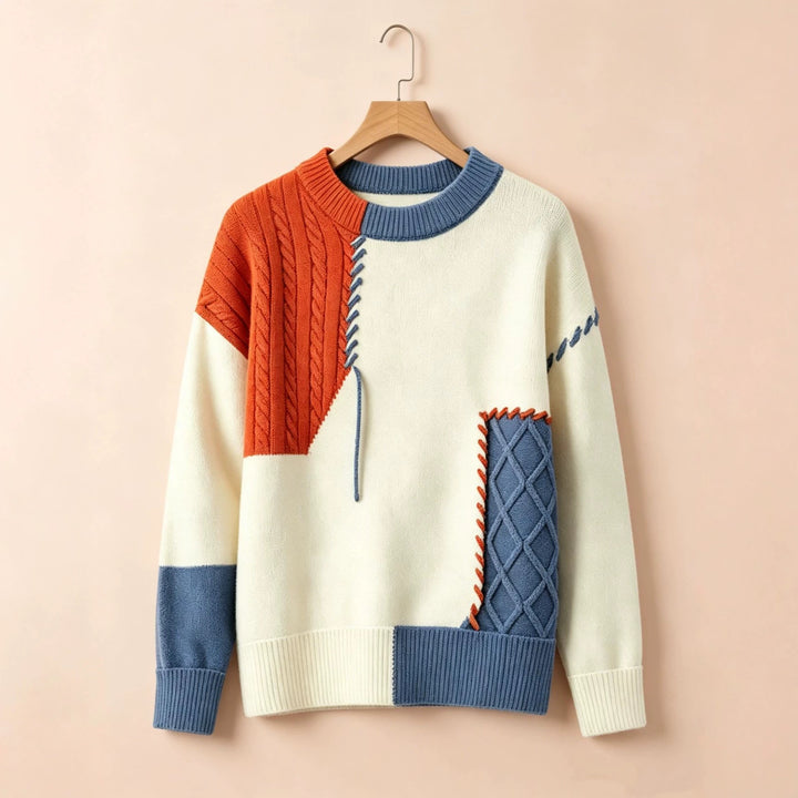 Damen Oversize Strickpullover im Patchwork‑Design mit Zopfmuster‑Einsätzen – Mavelle