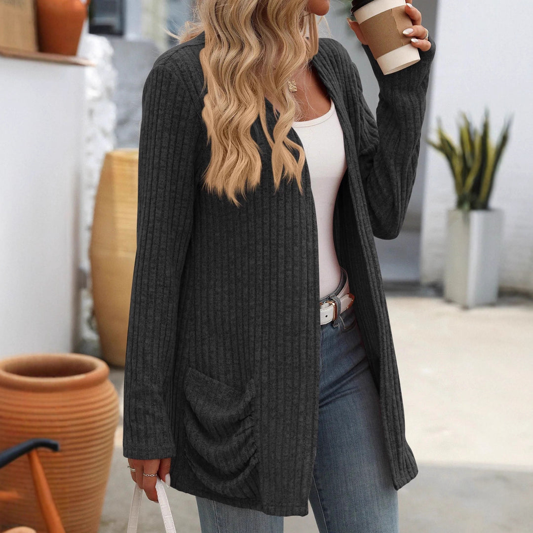Damen Gerippter Longcardigan mit offenen Kanten, Eingrifftaschen und lockerer Passform Echoarchiv