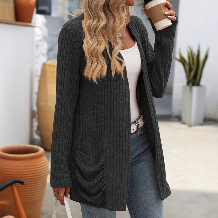 Damen Gerippter Longcardigan mit offenen Kanten, Eingrifftaschen und lockerer Passform Echoarchiv