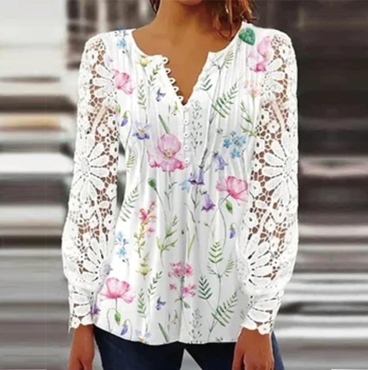 Damen Floral Viskosemischung Bluse mit Häkelärmel und V-Ausschnitt – Élovi