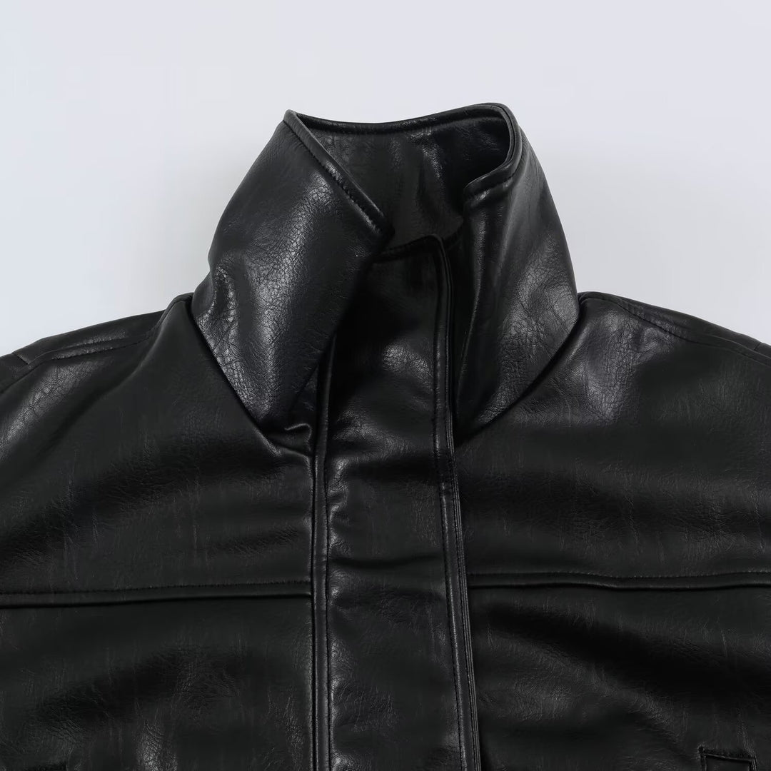 Damen Oversize Lederoptik-Blousonjacke mit Stehkragen und elastischem Saum Echoarchiv