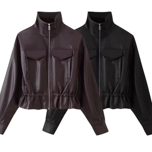 Damen gekürzte Kunstlederjacke mit Stehkragen, Reißverschluss und taillierendem Smok Echo Archiv