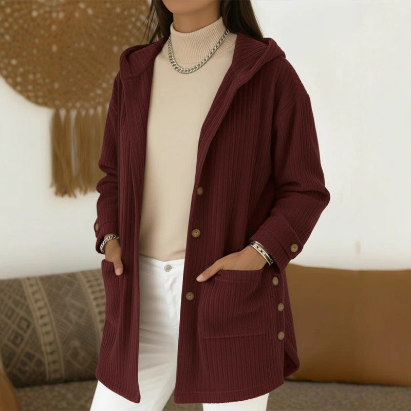 Damen Langer Kapuzen-Strickcardigan mit Rippenstruktur, Knopfleiste und Seitentaschen Echo Archiv
