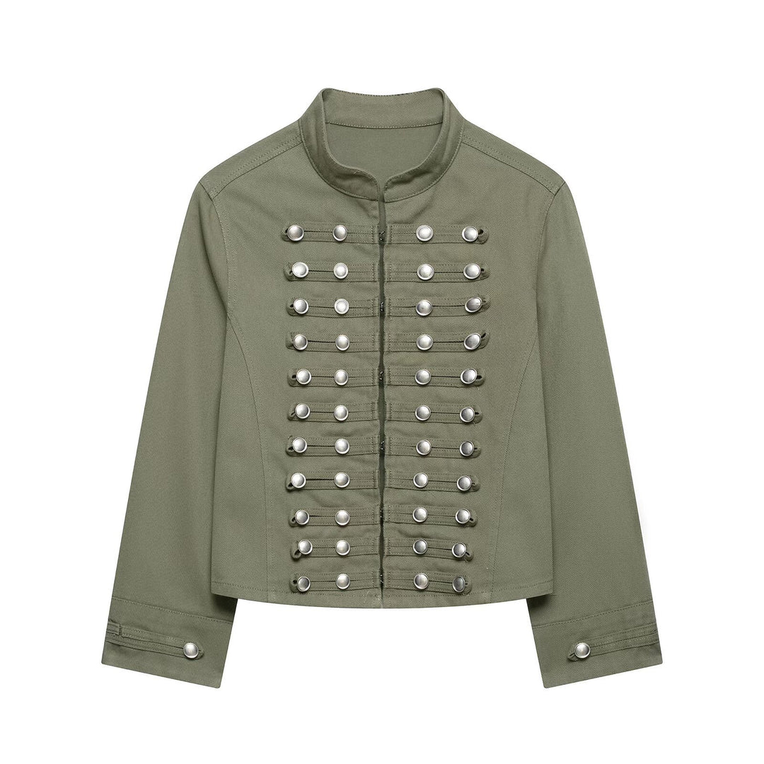Damen Taillierte Denim‑Blazerjacke im militärisch inspirierten Marschallstil mit Zierknopfleiste Echo Archiv