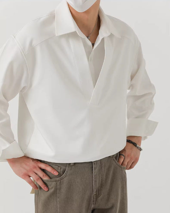 Herren Hemd-Pullover im Oversize-Schnitt mit tiefem V-Ausschnitt und klassischem Kragen – Arvello